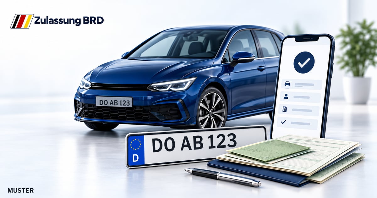 Online Fahrzeugzulassung in Dortmund: Musterkennzeichen DO AB 123, Auto und Fahrzeugpapiere und Smartphone. Illustration mit Logo von Zulassung BRD.